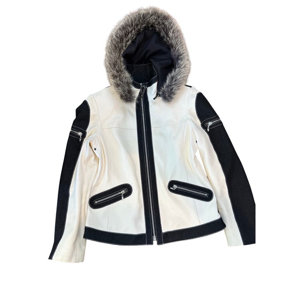 St. John Sport Leather Jacket Faux Fur-trimmed Hood vintage  Cream Black Size S